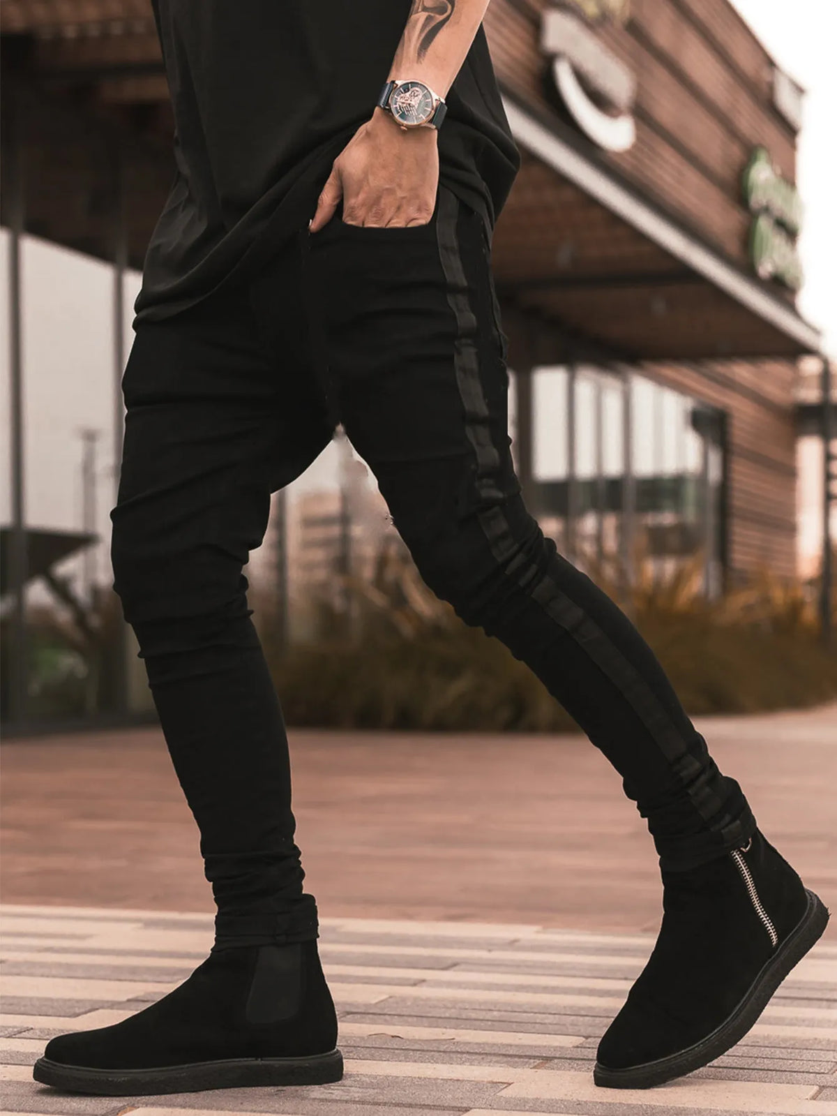 Men's ripped black slim-fit high elasticity cotton denim trousers, mid waist, sizes 28-36