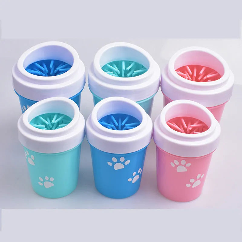 Silicone dog paw cleaner cup with soft bristles, available in blue, green, and pink, sizes M and S