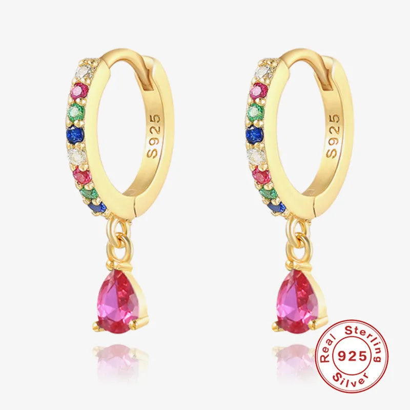 S925 sterling silver water drop earrings with geometric design and coloured crystal stones.