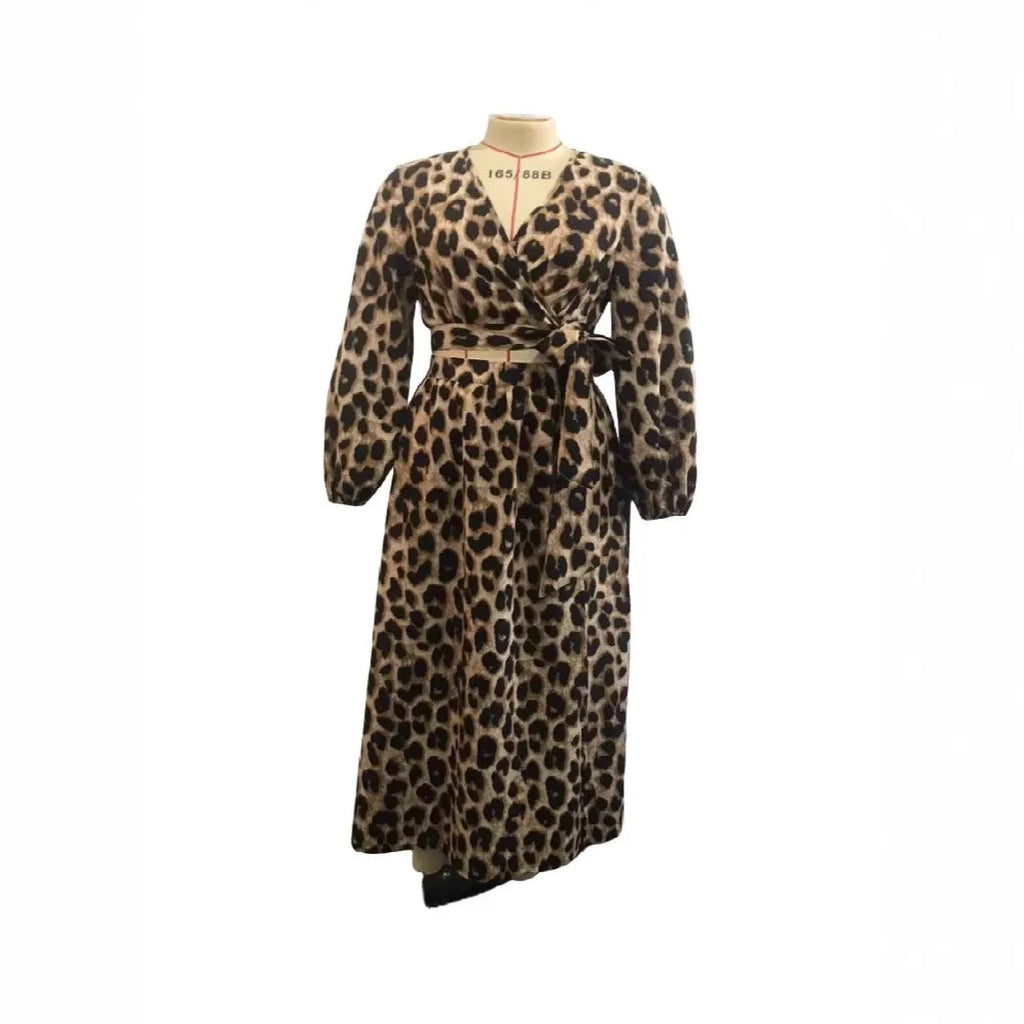 Animal print polyester suit set with V-neck top and long lantern sleeves in multi-colour