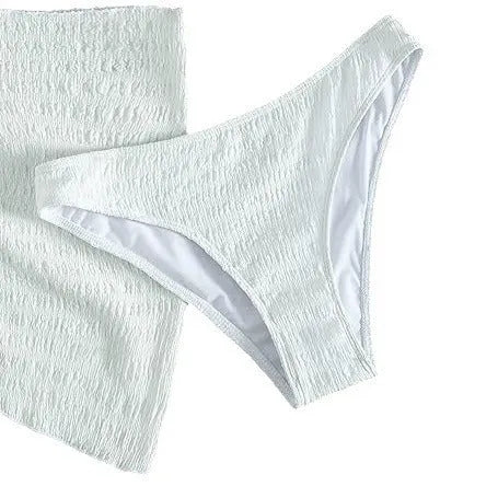 White women's lace-up split bikini swimsuit three-piece set made from Spandex in sizes S to XL