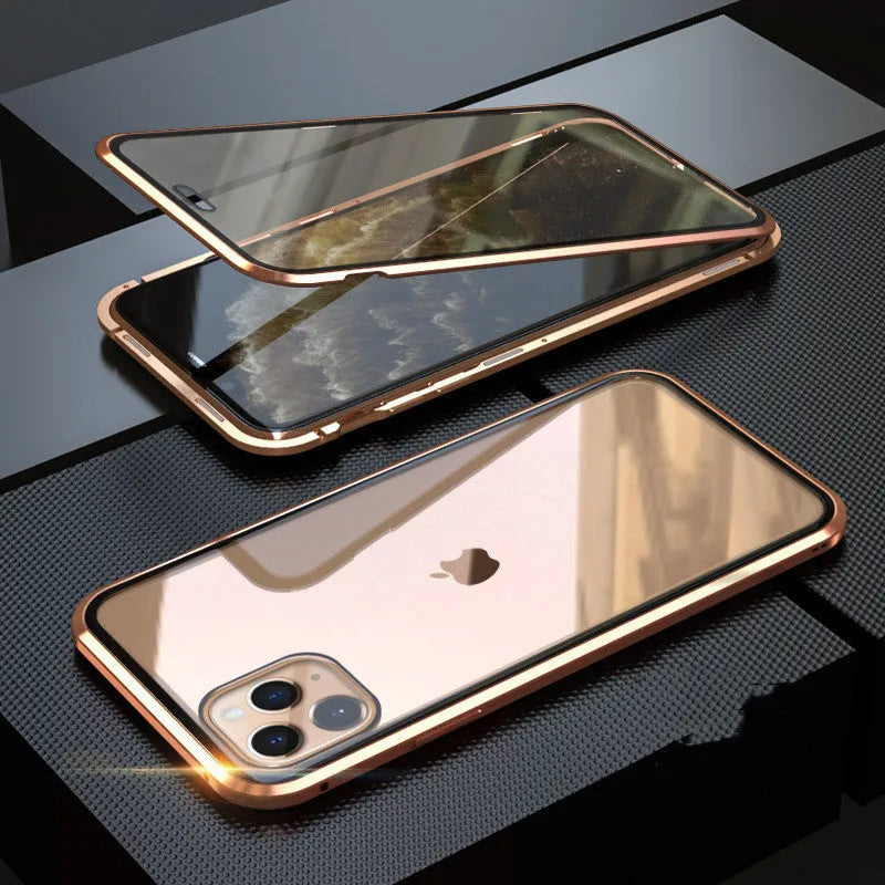 A closed clamshell phone case in blue glass with a geometric pattern, next to an iPhone showing the narrow viewing angle when open.