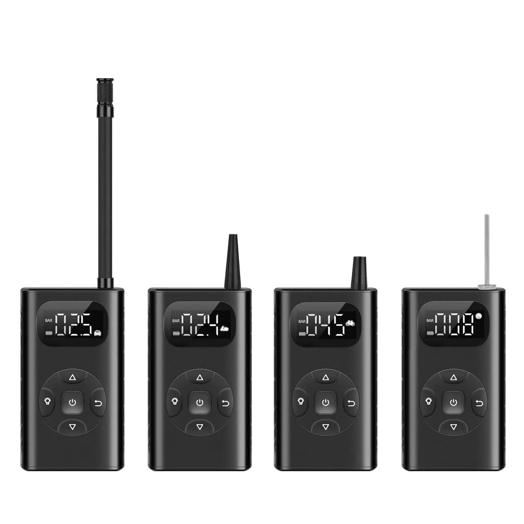 Black aviation aluminium alloy portable power bank tyre inflator with 16 cm tube for cars and bikes.