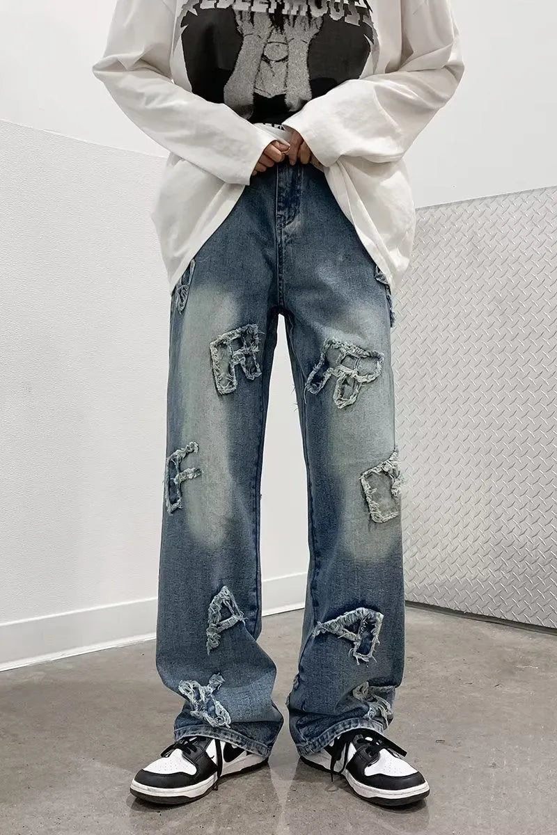 Men's blue cotton loose retro casual wide-leg trousers with mid-rise waist and straight-leg cut, sizes S to XXXL