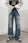 Men's blue cotton loose retro casual wide-leg trousers with mid-rise waist and straight-leg cut, sizes S to XXXL