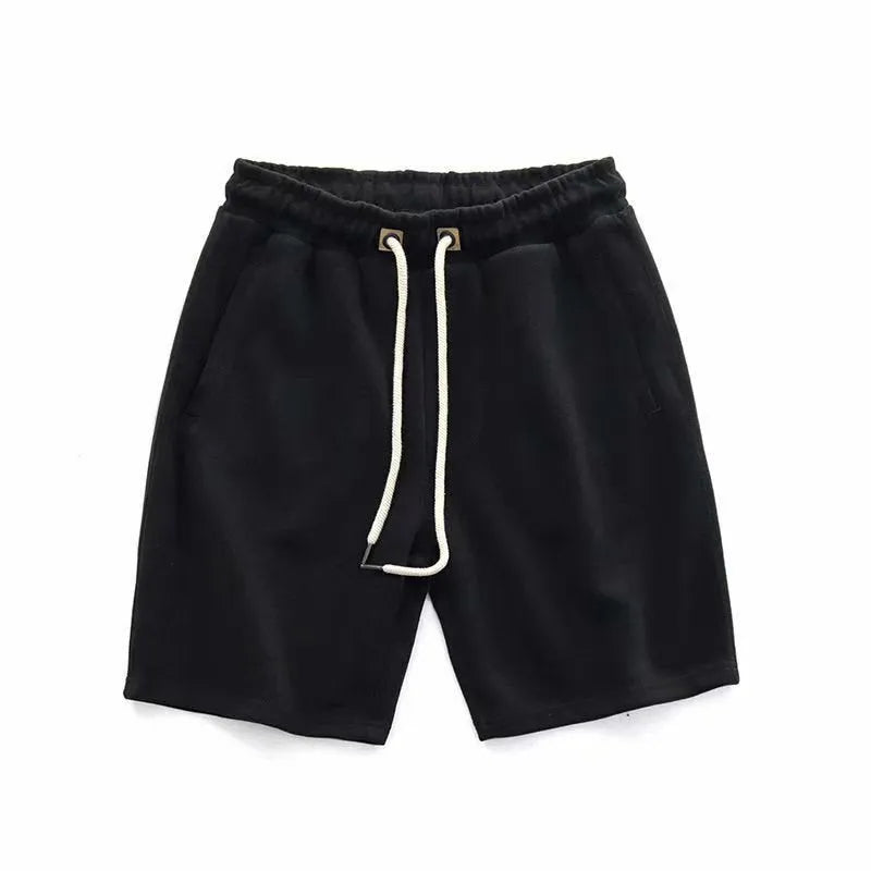 Men's retro loose knitted shorts in polyester, long leg, mid-waist, available in khaki, grey, and black, sizes M to XXXL
