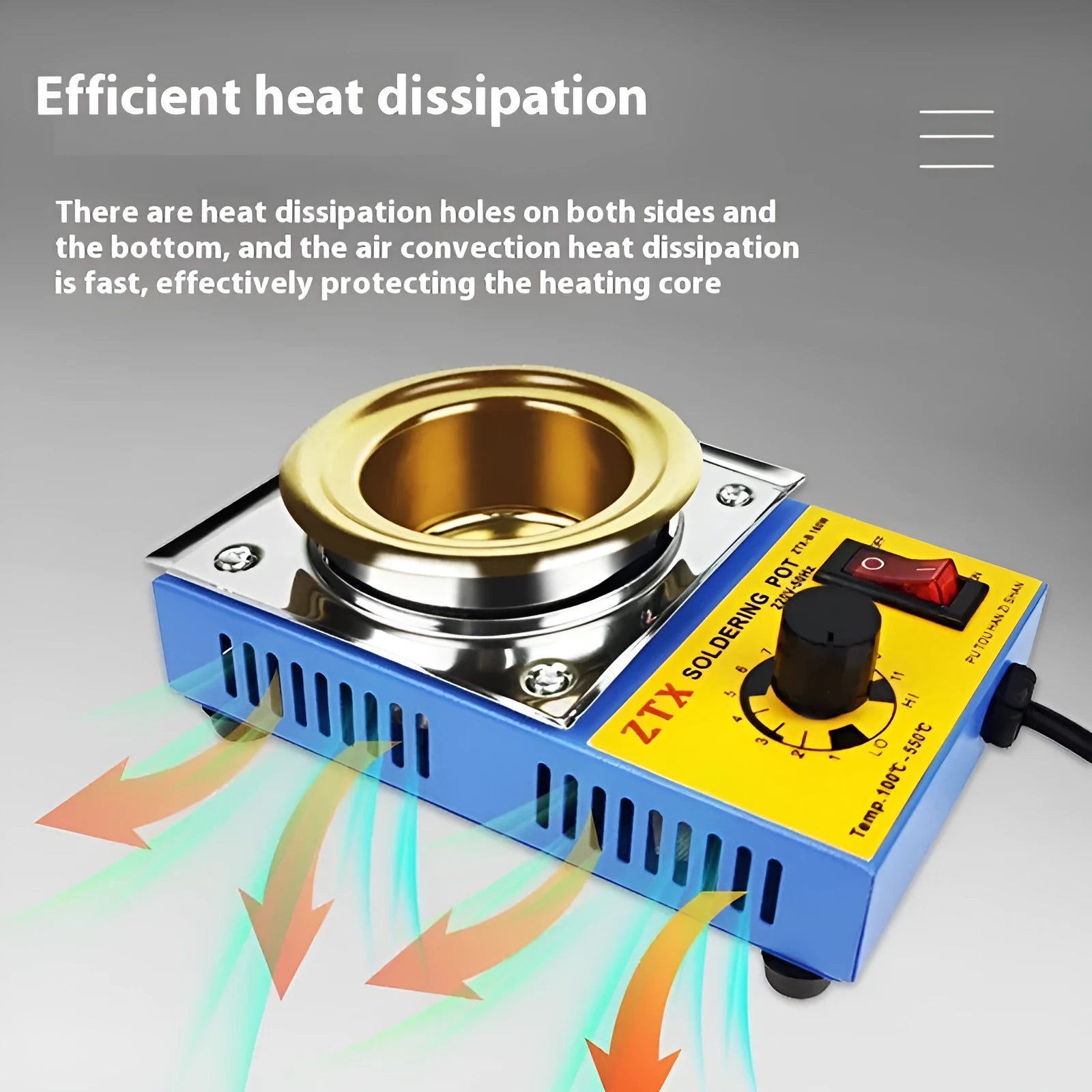 A desktop thermostat-controlled tin melting furnace with adjustable temperature dial.