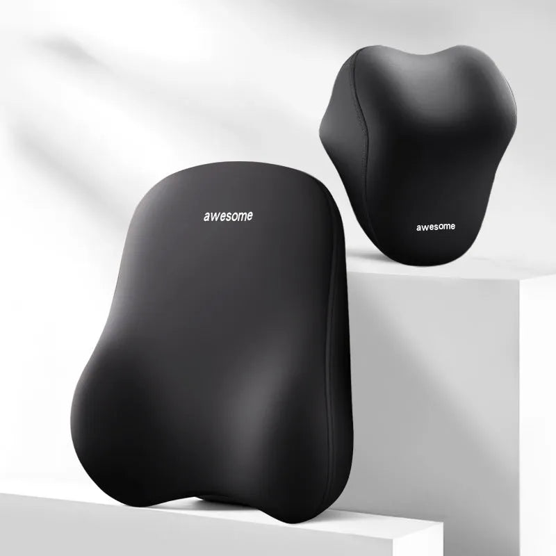 Car headrest pillow and lumbar support pillow set in beige, made from polyester fabric with memory foam filler.