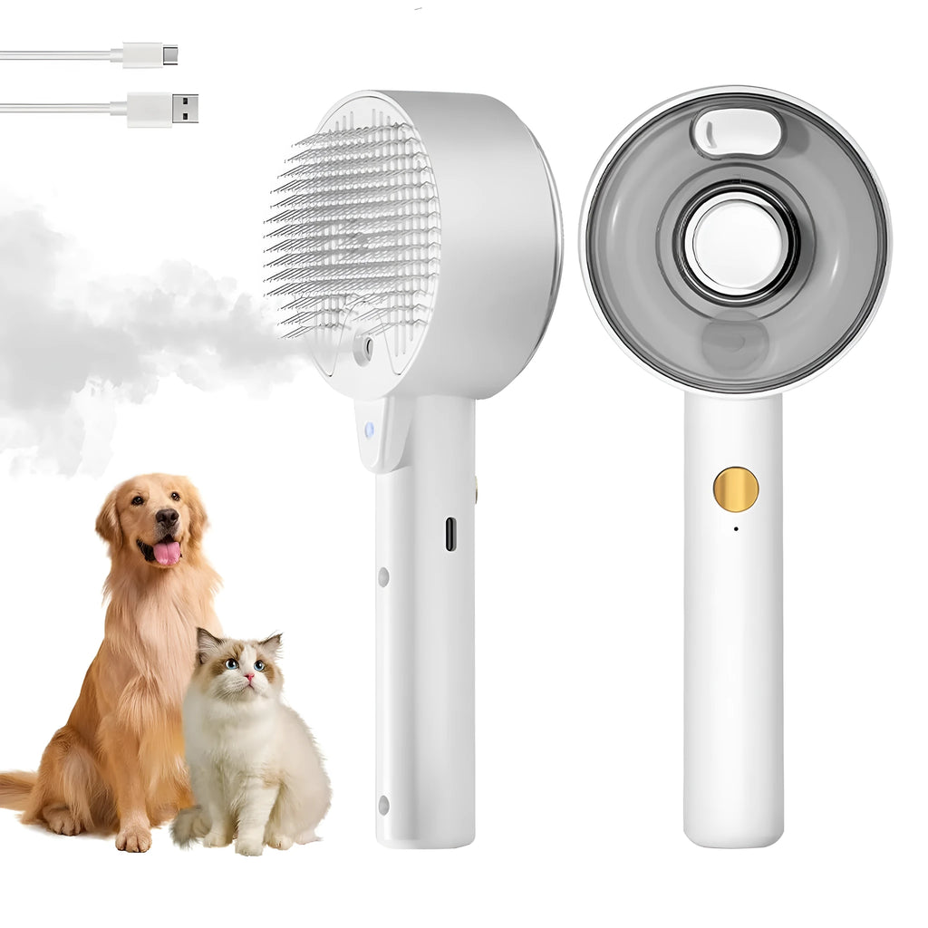 Pink and white cat steam brush with water tank, stainless steel comb, and control buttons for mist and cleaning.