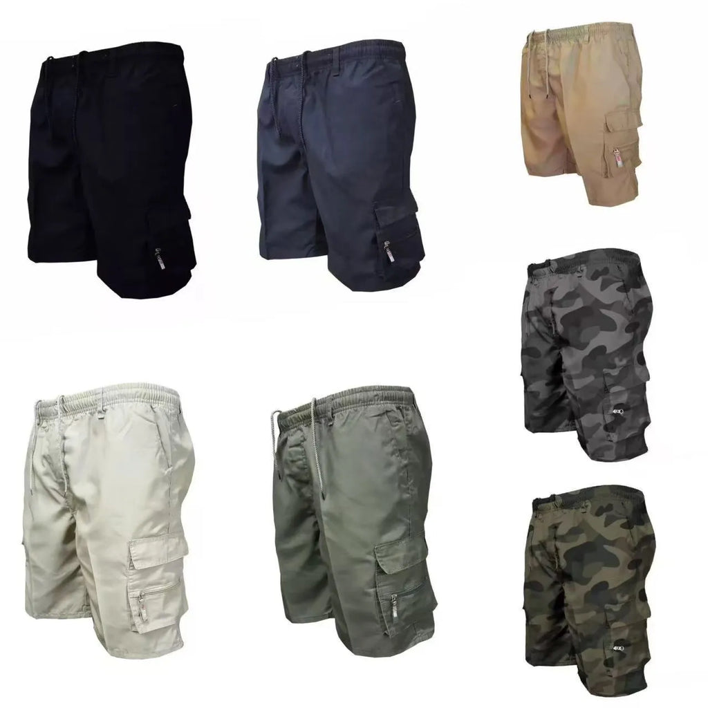 Men's loose fit casual work pants in polyester fabric showing available colour options including camouflage and neutral tones