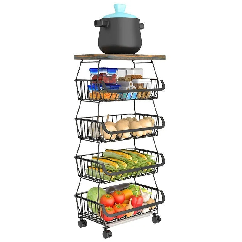 Black six layer freestanding kitchen storage trolley with carbon steel construction
