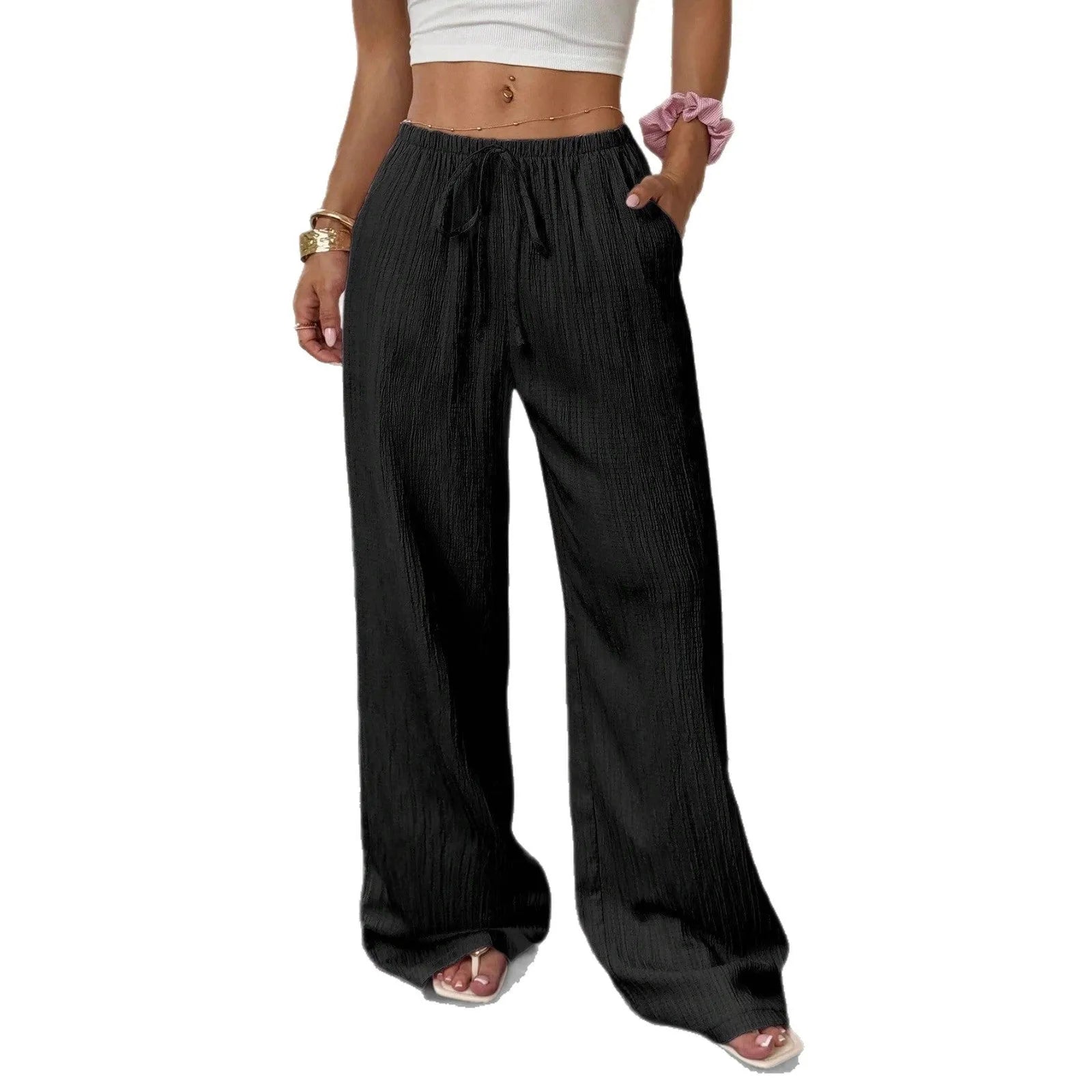 Women's black wide-leg trousers with a front lace-up waist detail on a mid-waist.