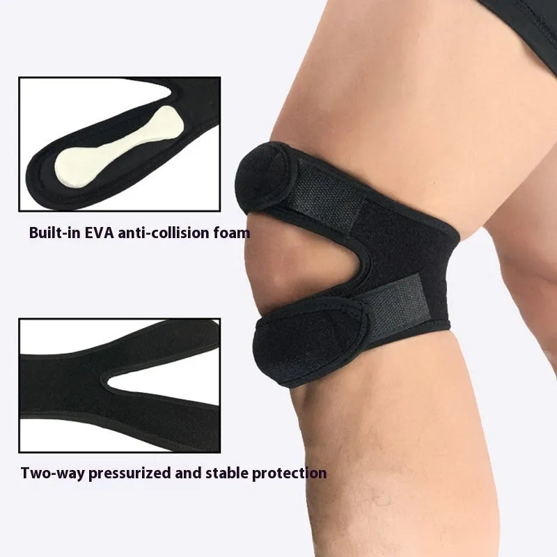 Shock absorption sports leggings with integrated knee pads in black, blue, grey, and rose red colours.