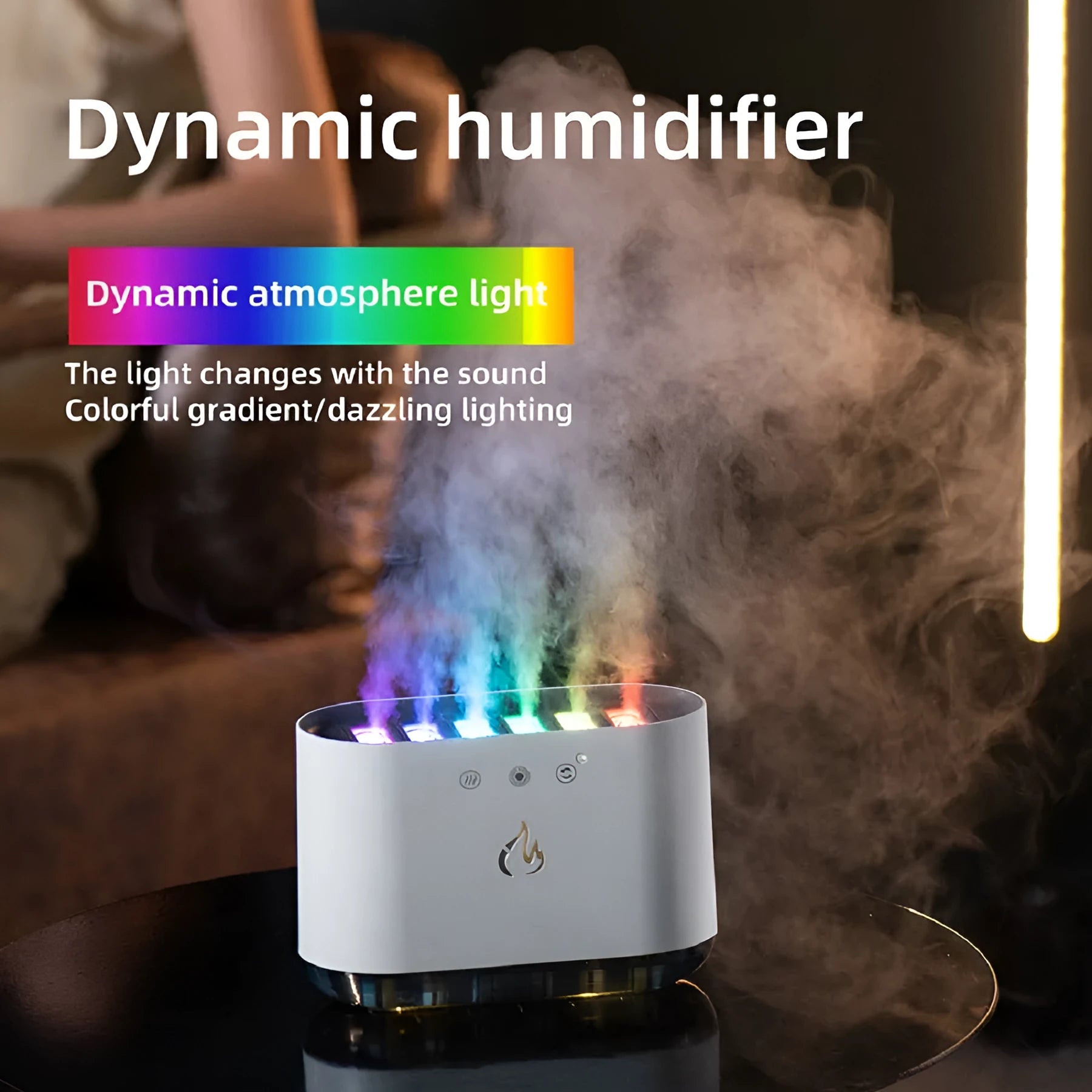 White large-capacity household humidifier with LED colourful lights and aromatherapy function on a table.