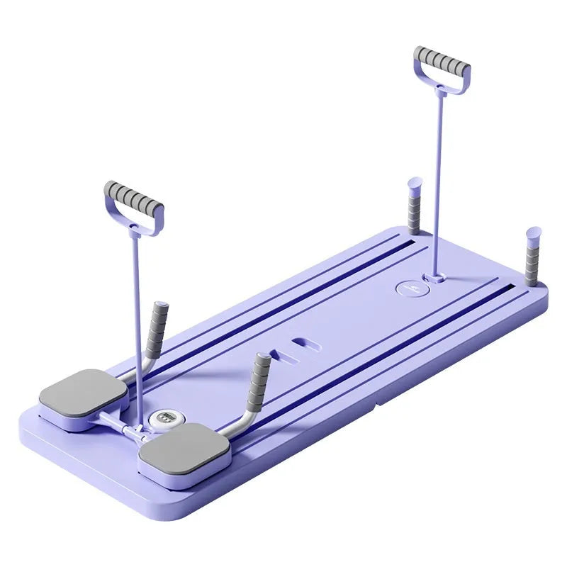 Standard purple PP plastic fitness board with integrated automatic rebound abdominal wheel.