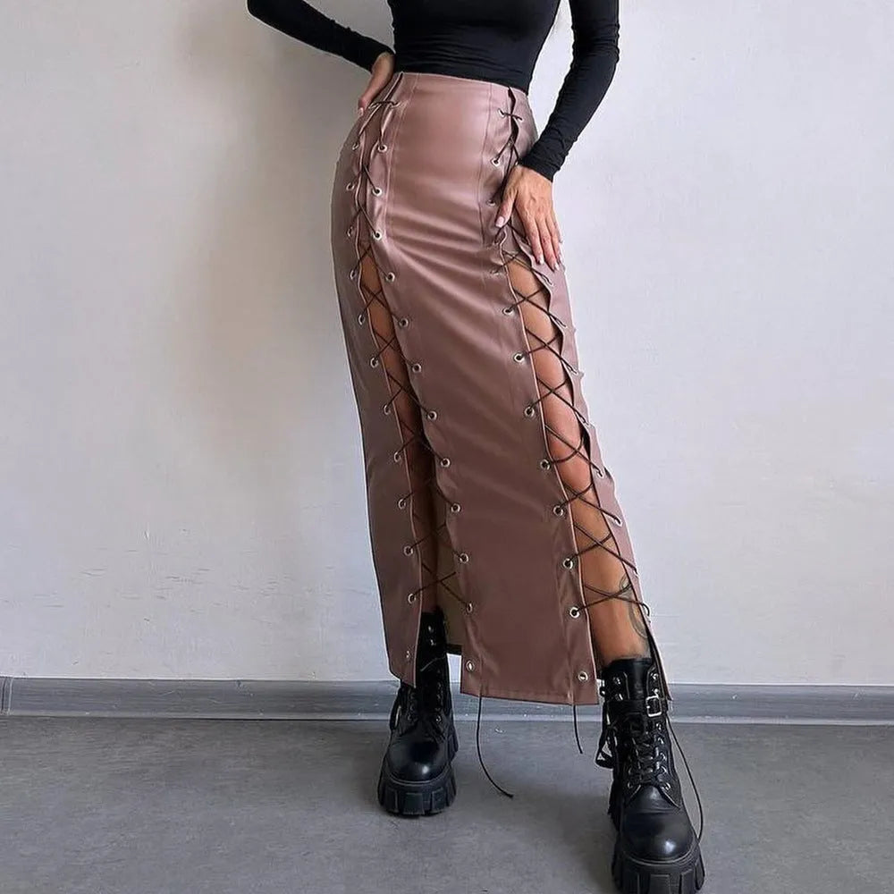 Women's PU leather pencil skirt in black with side slit and lace-up front detail