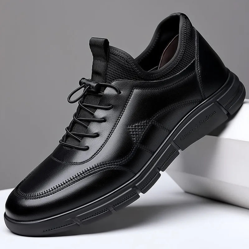 Black men's casual leather shoes with round toe, square heel, and leather stitching detail.