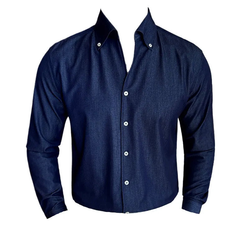Men's slim fit denim shirt in chemical blend fabric available in blue, black and white