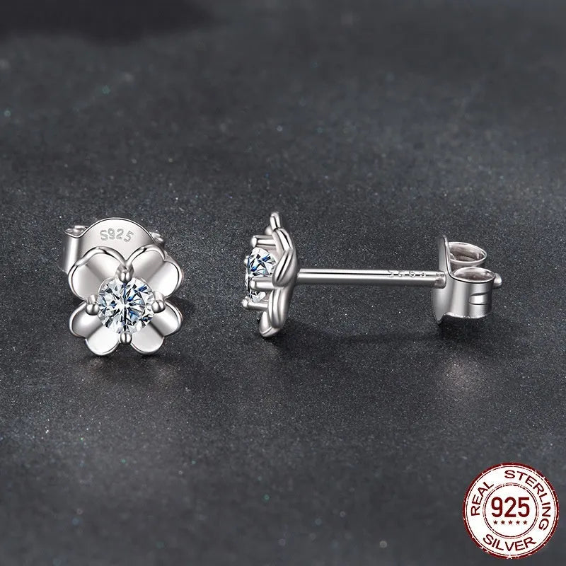 S925 sterling silver clover stud earrings with 10 points moissanite, electroplated, pair with certificate