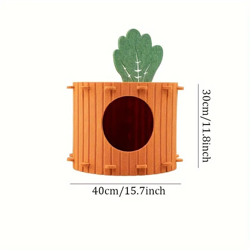 Carrot-shaped grey felt cat tunnel nest with a semi-enclosed opening, shown in two size options.