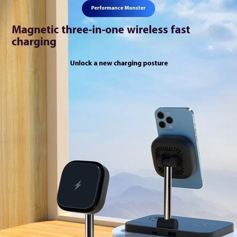 Black desktop magnetic wireless three-in-one charger with cooling bracket for phone watch earbuds