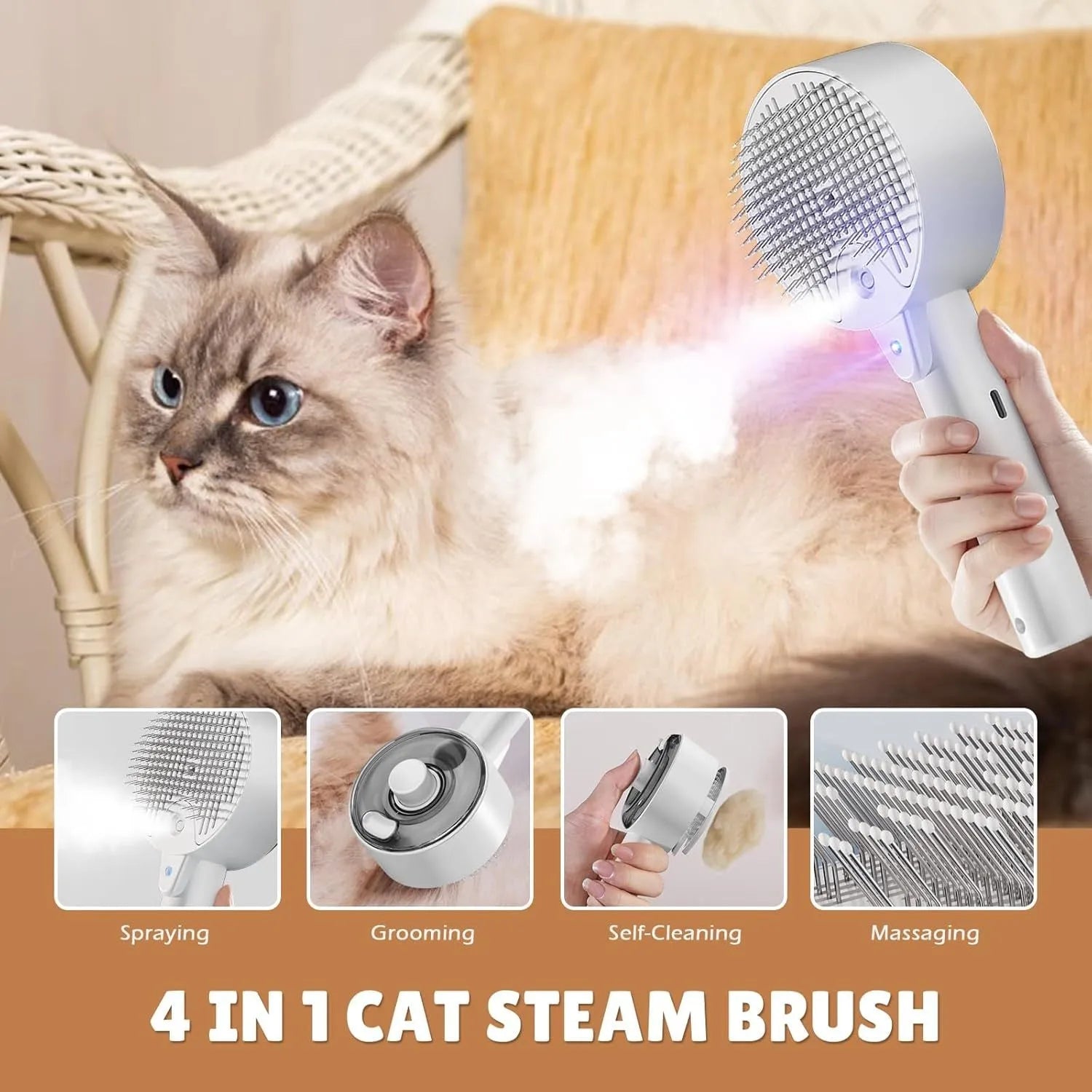 Pink and white cat steam brush with water tank, stainless steel comb, and control buttons for mist and cleaning.