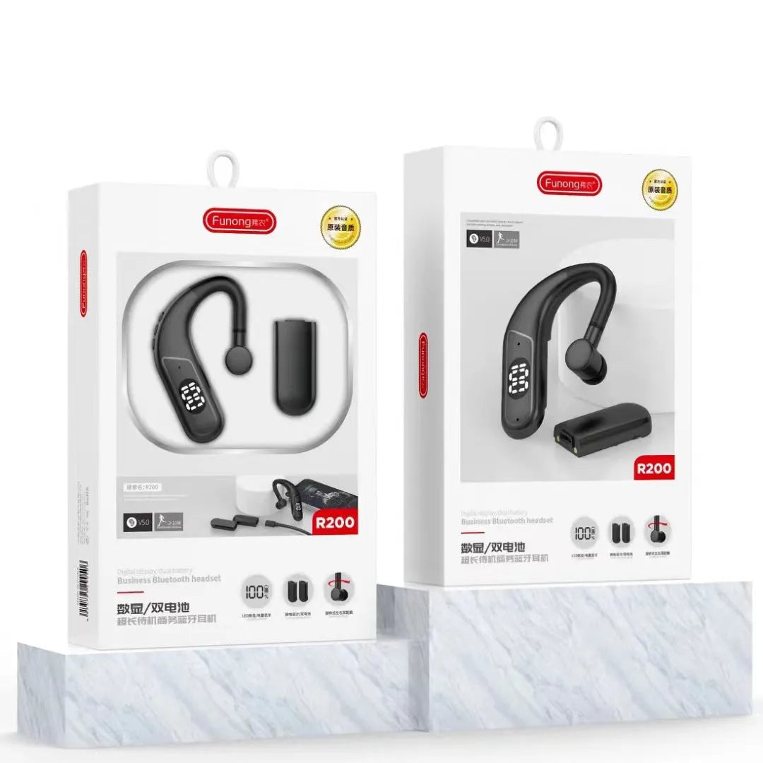 Black Vernon R200 digital display ear hook Bluetooth headset with in-ear fit and dual battery design