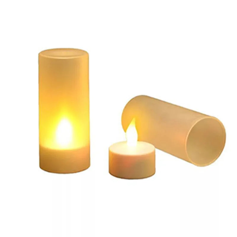 White plastic USB rechargeable LED candle lamp with yellow flashing flame effect on plastic cup