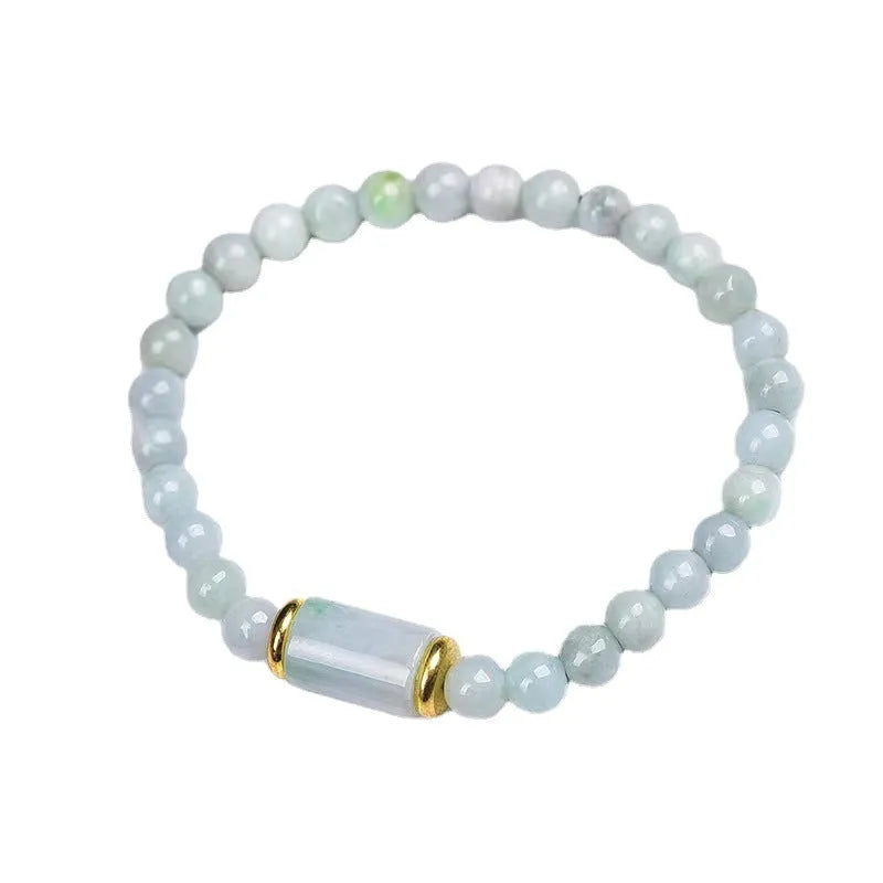 Myanmar jade bracelet with 8mm emerald colour round beads in geometric ethnic style design