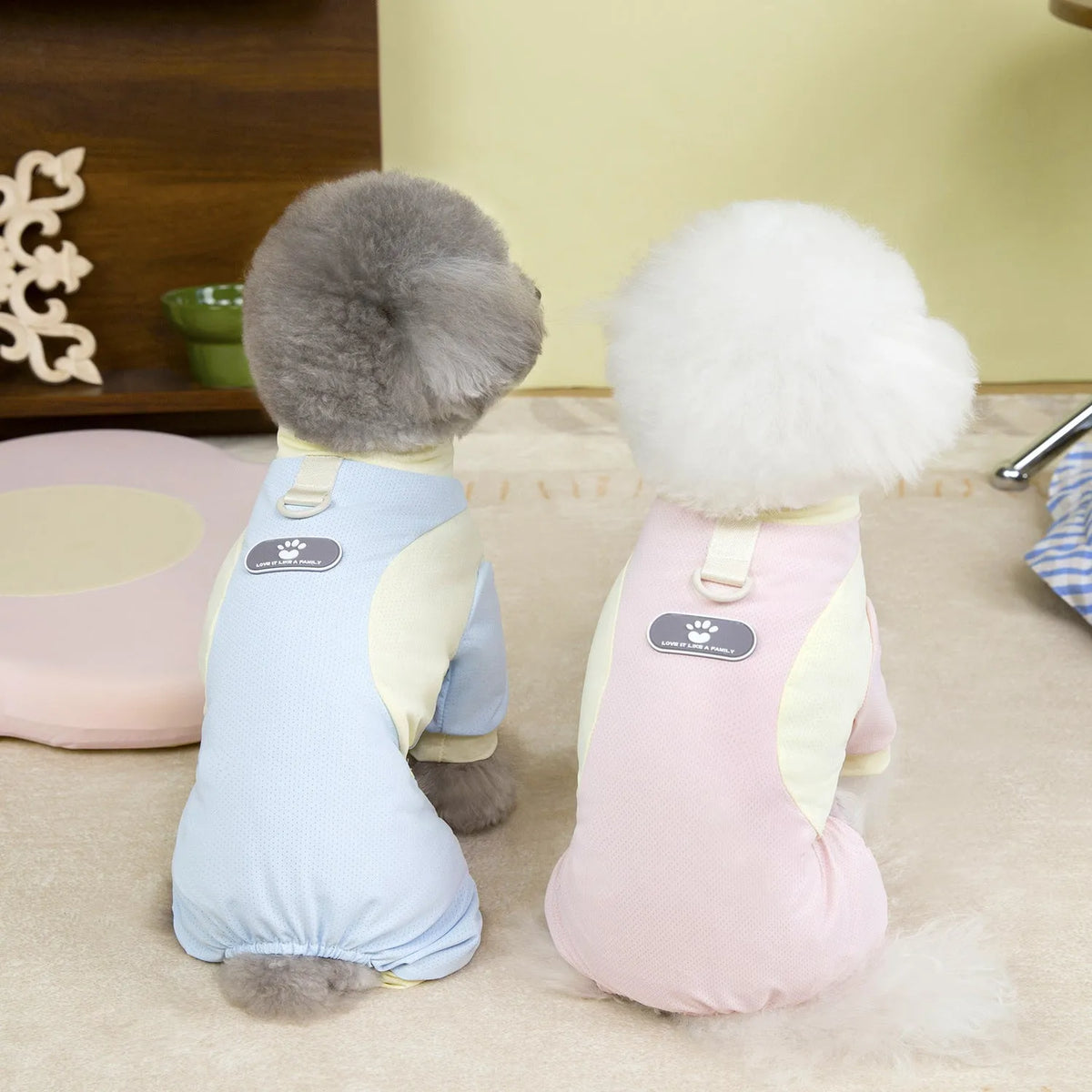 Ice silk mesh polyester pet sun protection suit in blue, pink, or purple, one-piece pet clothing sizes S-XXL