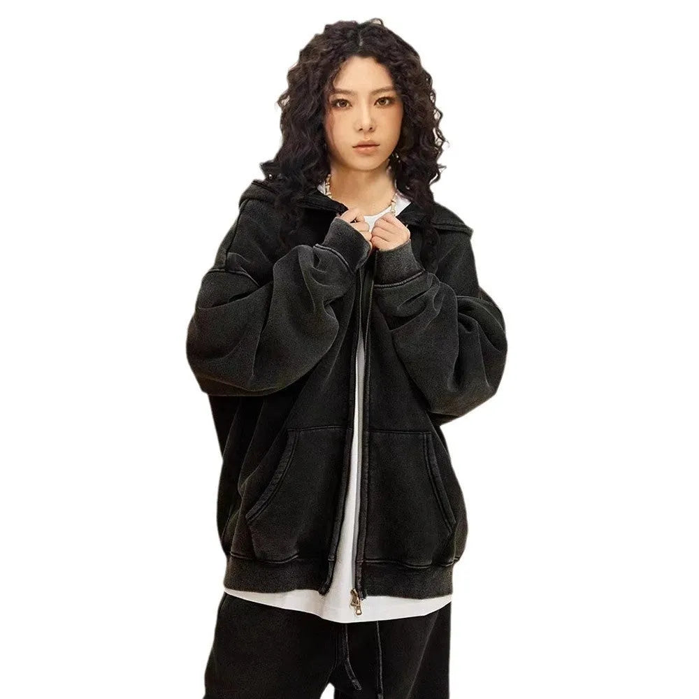 Men's washed black cotton hooded cardigan with a double zipper and fleece lining.