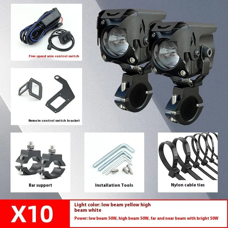 Motorcycle LED spotlight pair with wiring and mounting brackets for vehicle modification