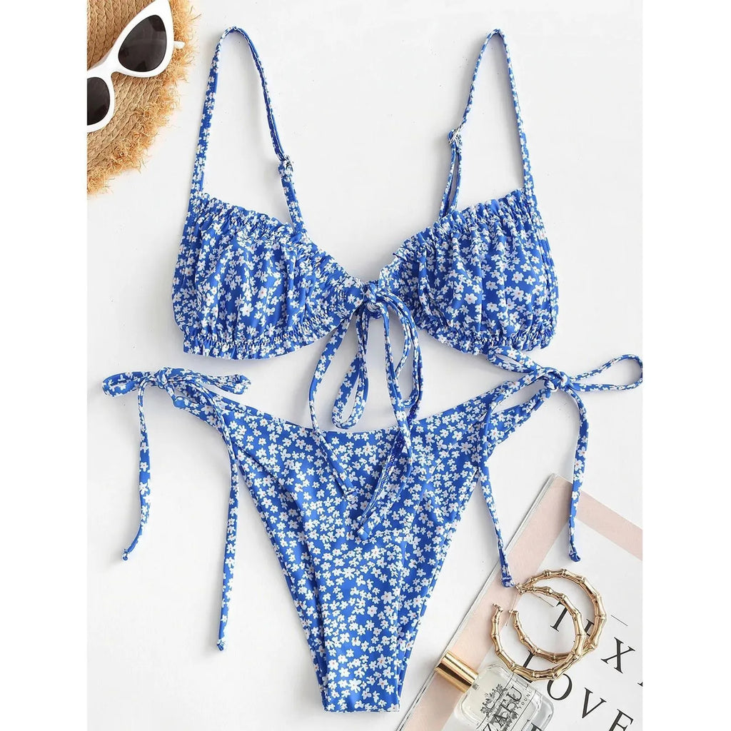Blue printed women's bikini with multi-rope banding detail on short sleeves and lapel collar.