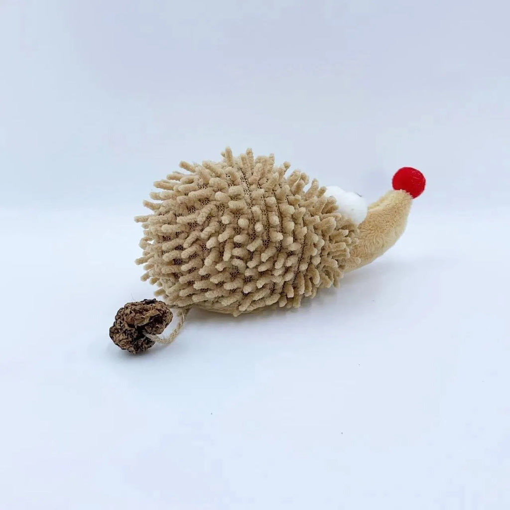 Khaki plush cartoon hedgehog cat toy made from chenille and stretch cotton with catnip and worm achene