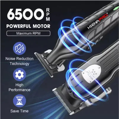 Black professional hair clipper set with LCD display, shown with USB charging cable.