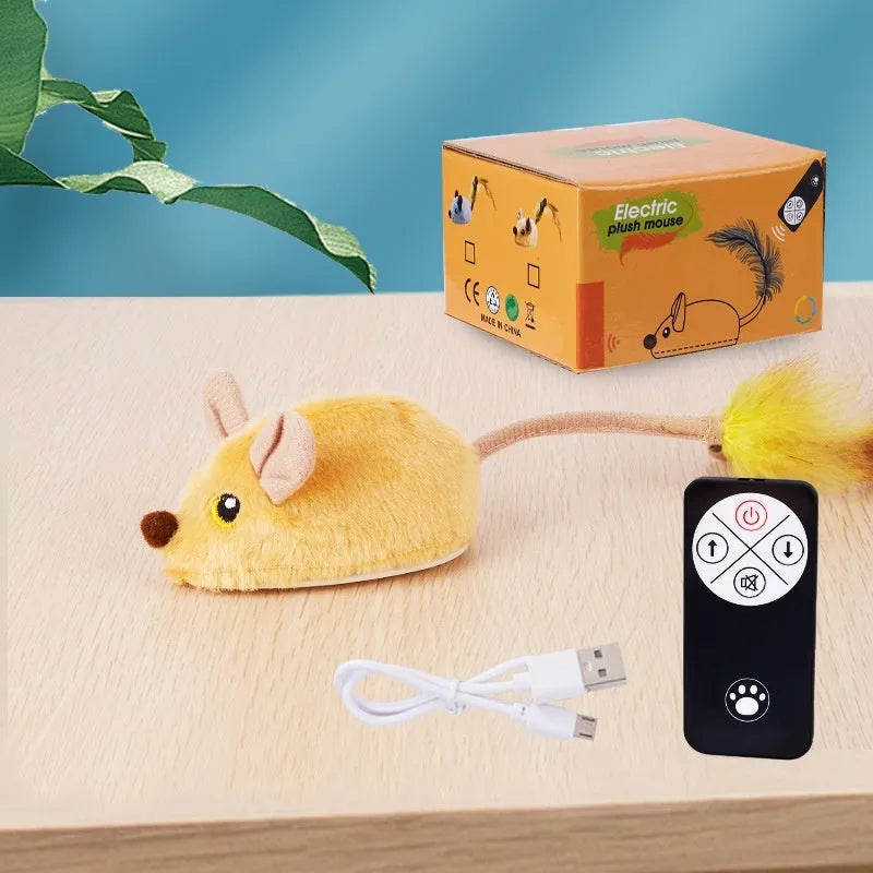 Electric plush mouse cat toy with remote control showing forward motion on floor