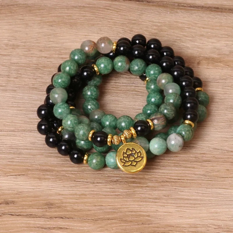 Green and black alloy elastic beaded long bracelet with stretch fit