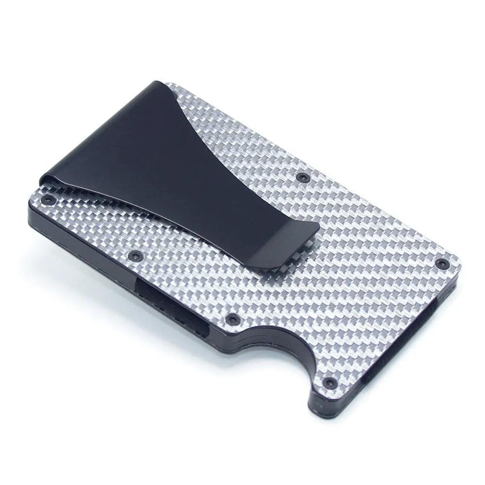 Geometric card holder in black carbon fibre showing slim 8mm profile and card capacity