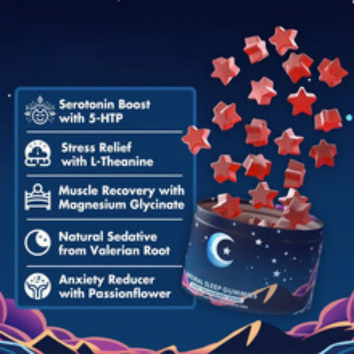 60 melatonin gummy capsules in sealed room temperature packaging with fruit flavour soft candy format
