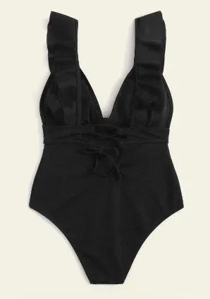 Women's black one-piece swimsuit with ruffled adjustable shoulder straps and lace back detail.