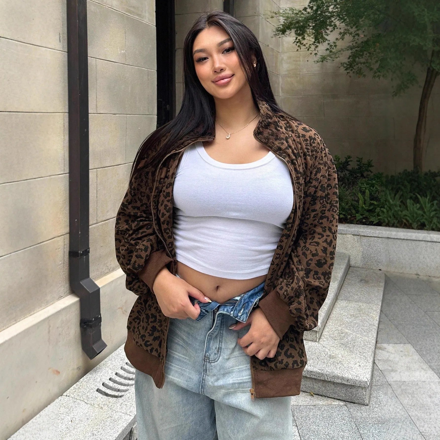 Brown leopard print corduroy zip-up sweatshirt for women with long sleeves and loose fit