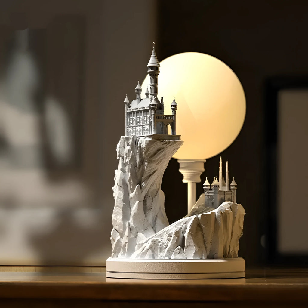 White composite gypsum table night lamp with plug and wire switch on a surface.