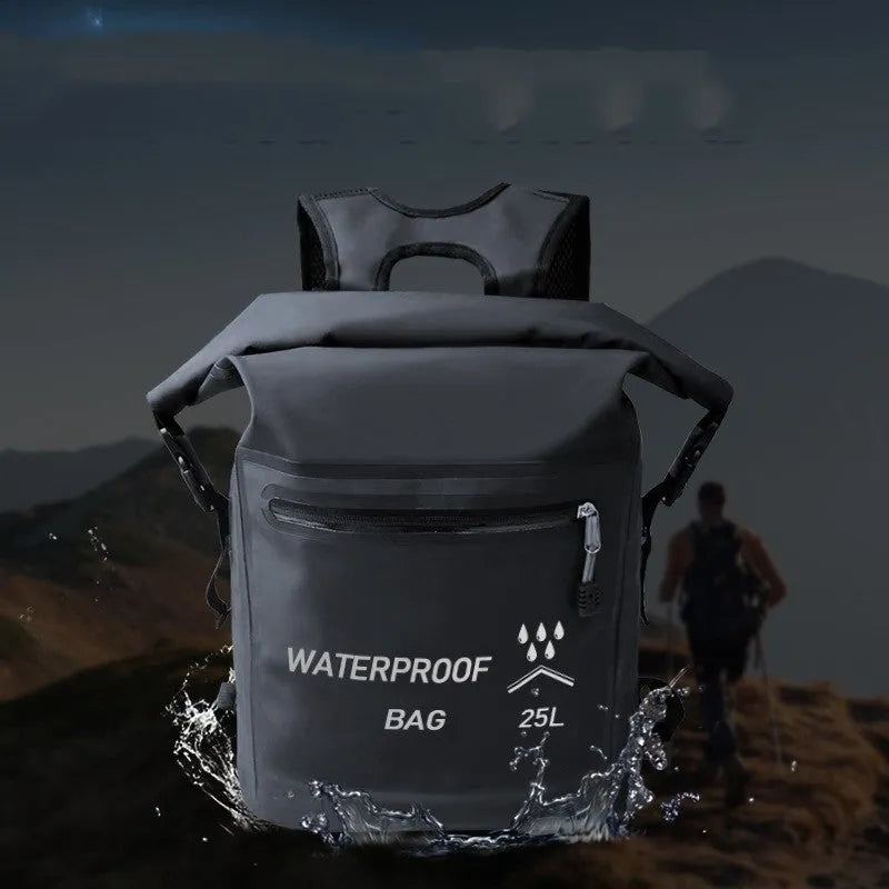 Black 25 litre waterproof backpack for outdoor swimming and rafting