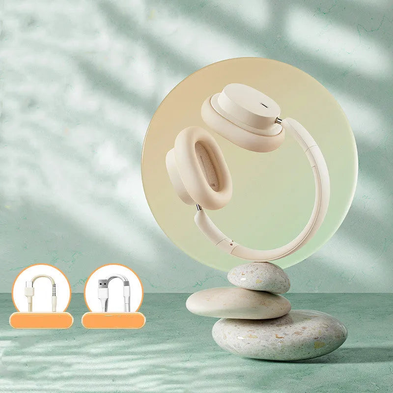Head-mounted Bluetooth earphone in beige or grey with Type-C charging cable