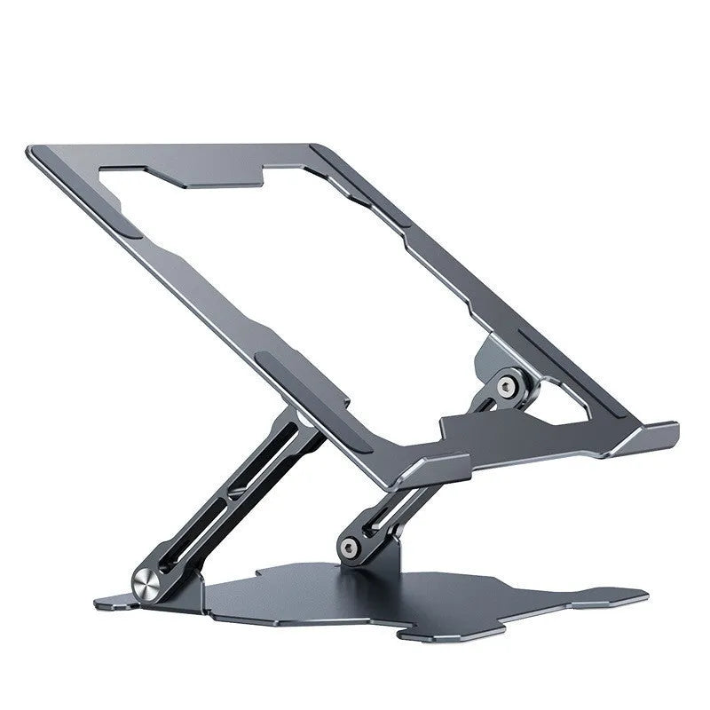 Grey aluminium adjustable and foldable laptop stand on a wooden desk.