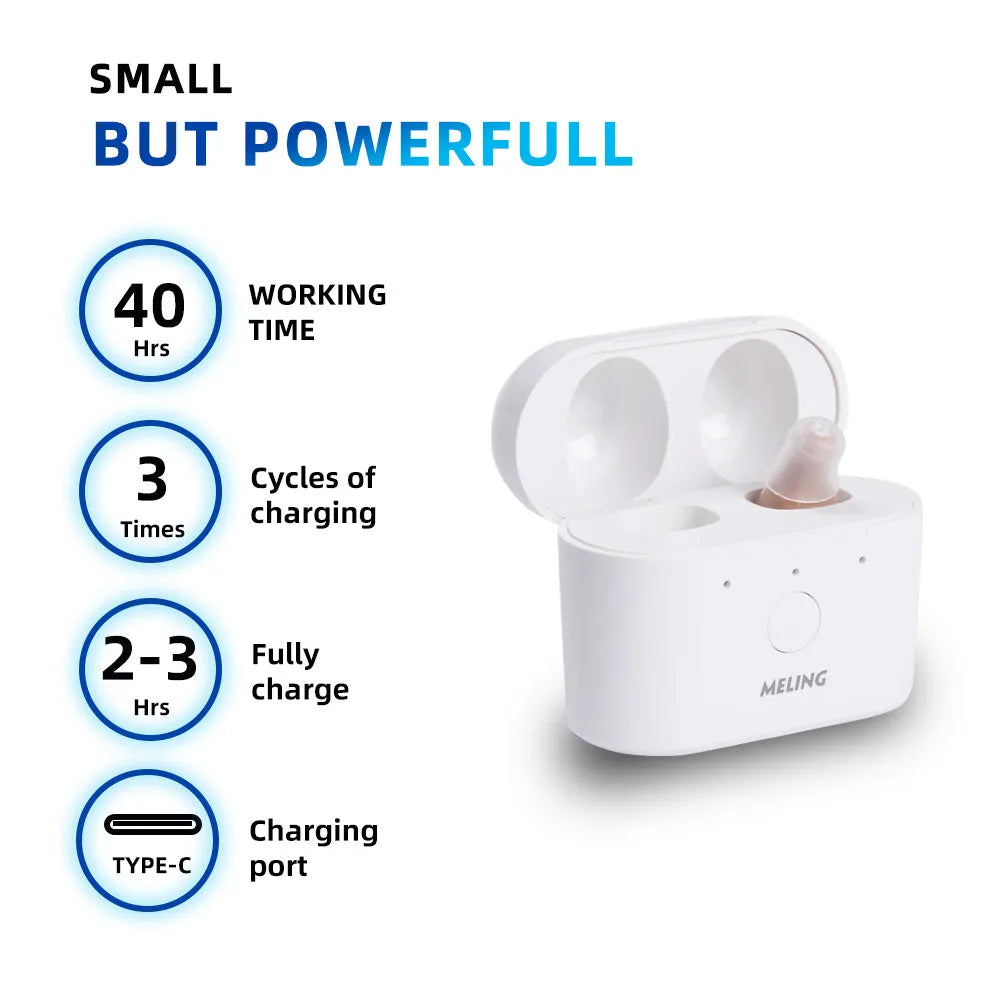Rechargeable hearing aids with magnetic charging case in beige or red and blue colour options