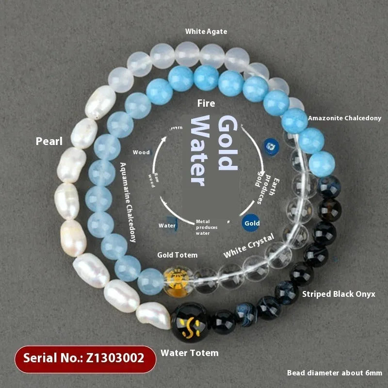 Handmade Duobao crystal Five Elements double ring bracelet in gold wood water fire soil colours
