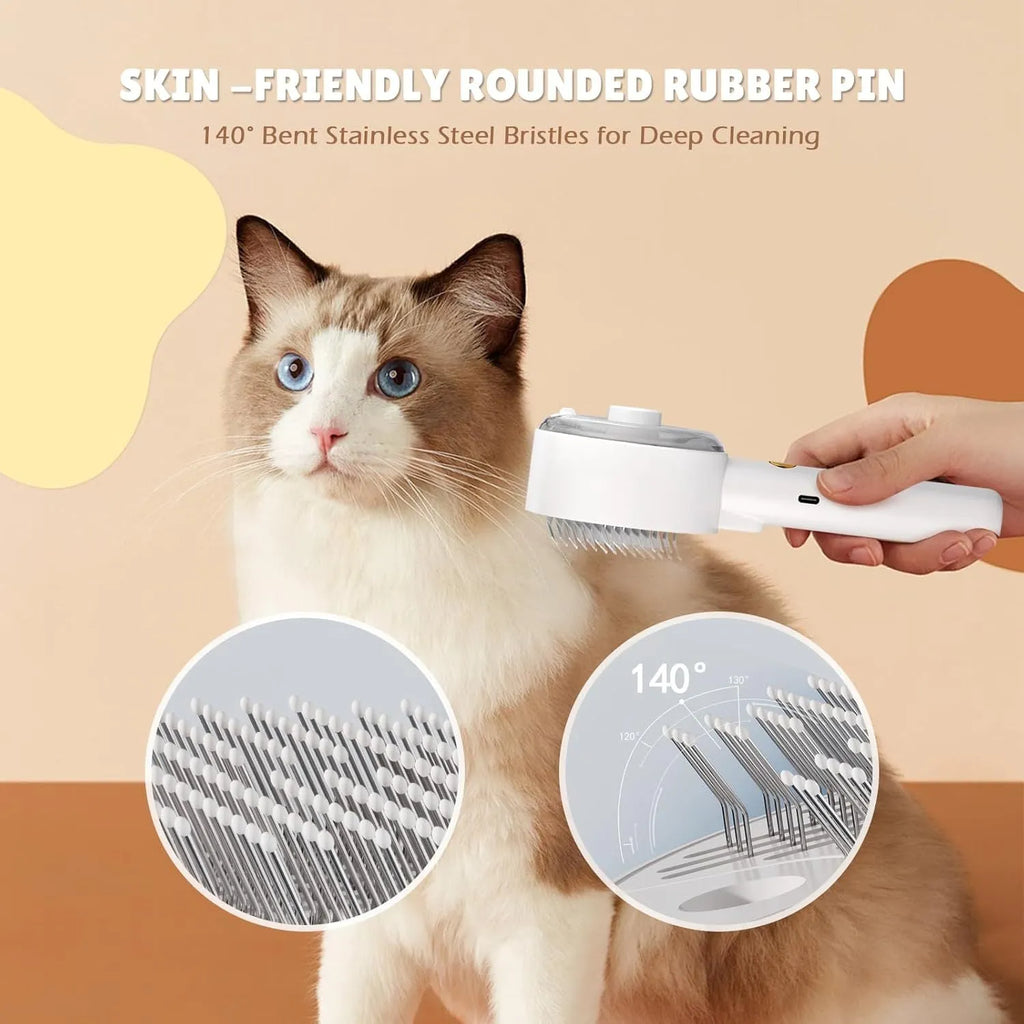 Pink and white cat steam brush with water tank, stainless steel comb, and control buttons for mist and cleaning.
