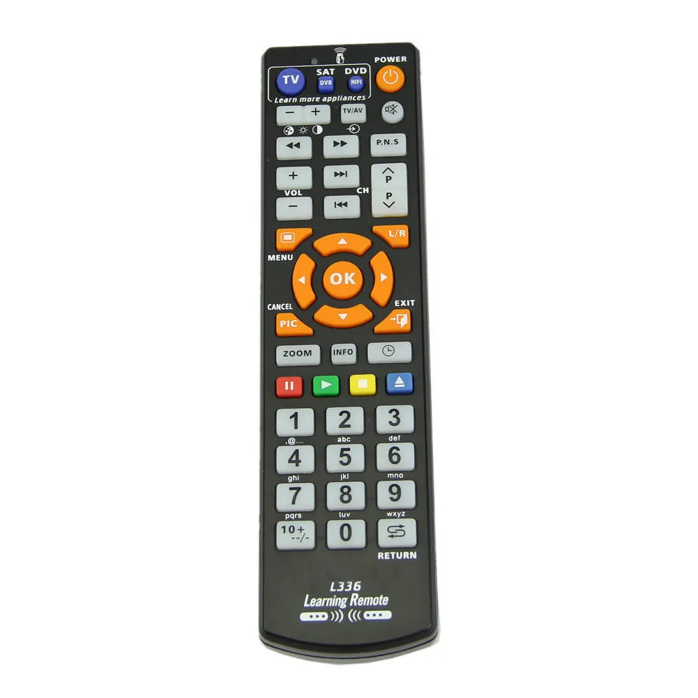 Black L336 learning remote control with button layout for universal device programming