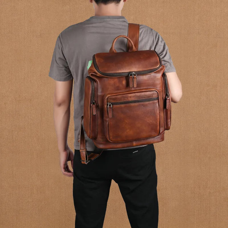 Genuine retro double-layer cowhide backpack for men, 14 inch light brown leather travel backpack with patchwork